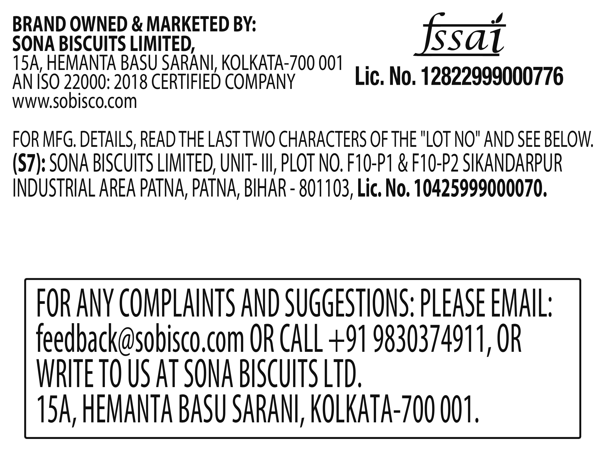 SOBISCO pack address panel: brand owner, FSSAI licence, manufacturing unit and consumer care details